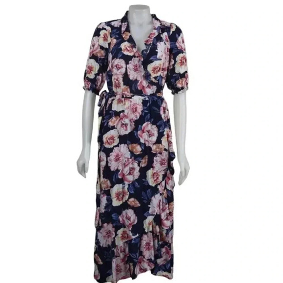Old Navy Waist-Defined Ruffled Tie-Belt Midi Wrap Dress  Size Medium Tall - Picture 3 of 10